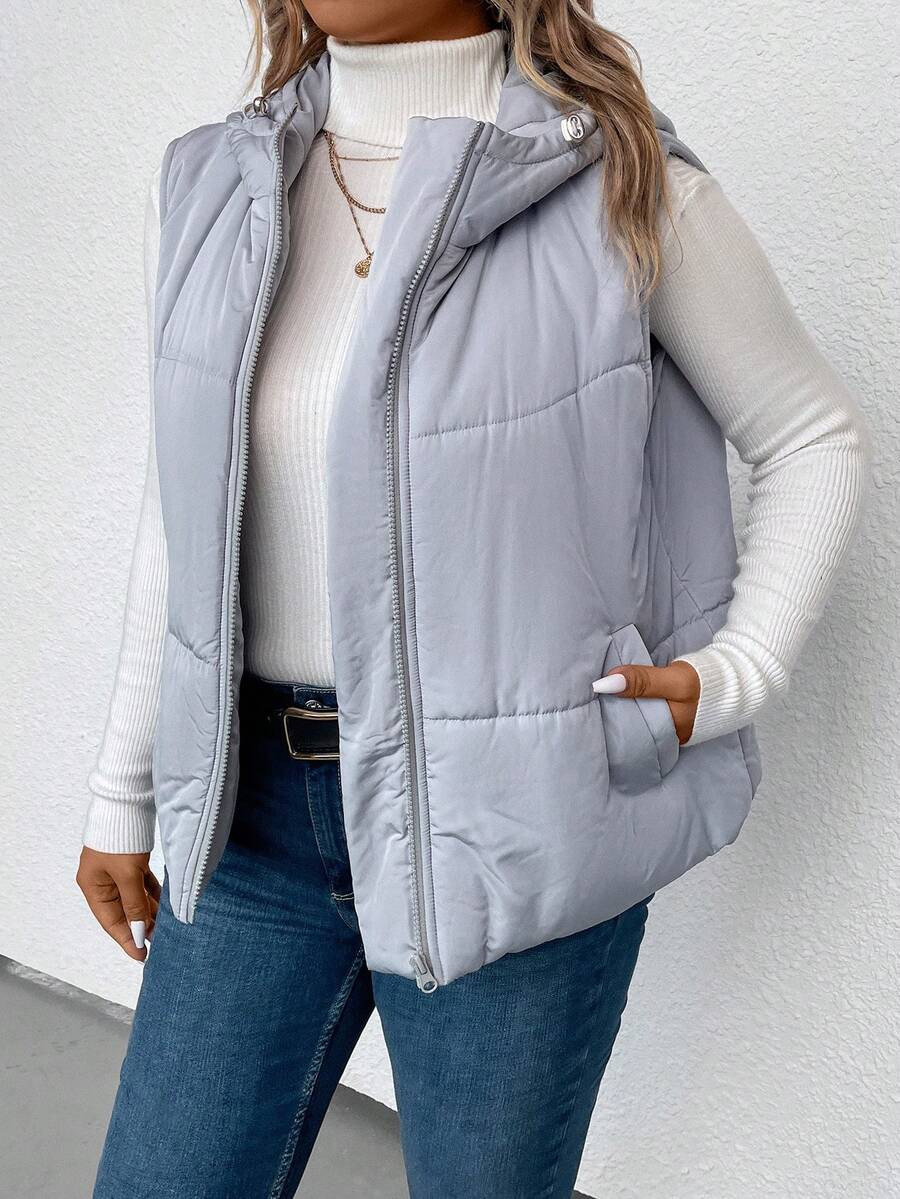 SHEIN LUNE Plus Áo khoác có mũ trùm đầu có khóa kéo có đệm Quần áo mùa đông - Xám - Xem 1