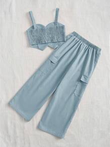 SHEIN Leap Crew Tween Girl Button Front Cami Top & Flap Pocket Side Pants - Dusty Blue - View 2