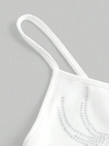 ROMWE Grunge Punk 水鑽愛心圖案吊帶上衣 - 白色 - 查看 3