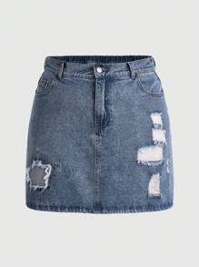 ROMWE Grunge Punk Vintage Casual Commute Women's Denim Skirt With Holes And A-Line Cut, Blue, Plus Size