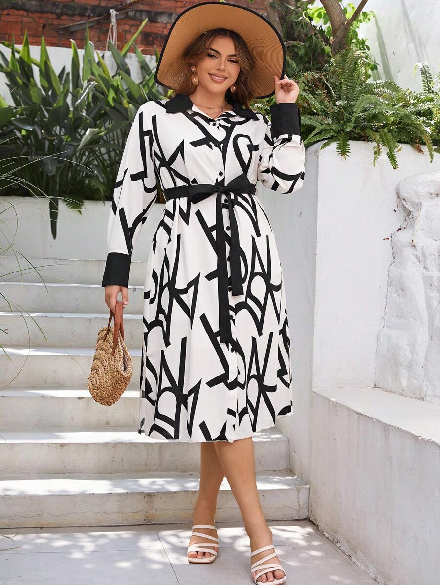 SHEIN Franclia Hơn In Toàn bộ Thắt lưng Váy sơ mi - Màu be - Xem 1