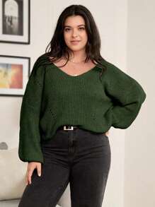 Calvaya Damen Pullover in Große Größen mit V-Ausschnitt, Hohlmuster und Langarm, vielseitig einsetzbar für den Alltag, Strickpullover für Herbst/Winter - Dunkelgrün - Übersicht 3