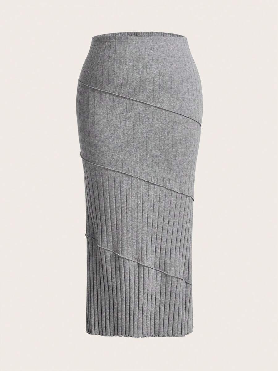 SHEIN EZwear 大碼素色條紋針織半身裙 - 灰色 - 查看 1