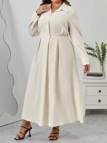 SHEIN Privé Plus Fold Pleated Detail Shirt Dress - White - View 6