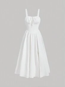 SHEIN MOD 褶皺胸口分襠草莓派上衣連身裙 - 白色 - 查看 1