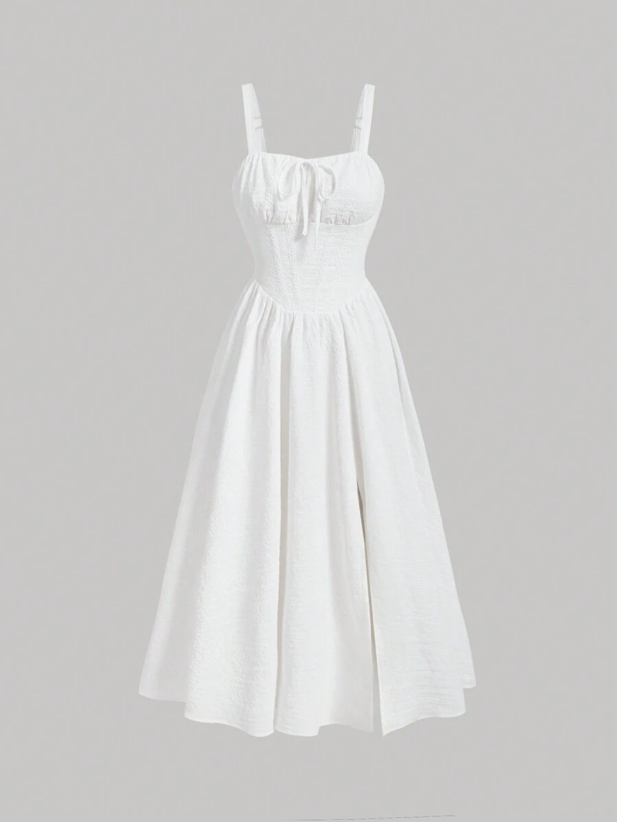 SHEIN MOD 褶皺胸口分襠草莓派上衣連身裙 - 白色 - 查看 1