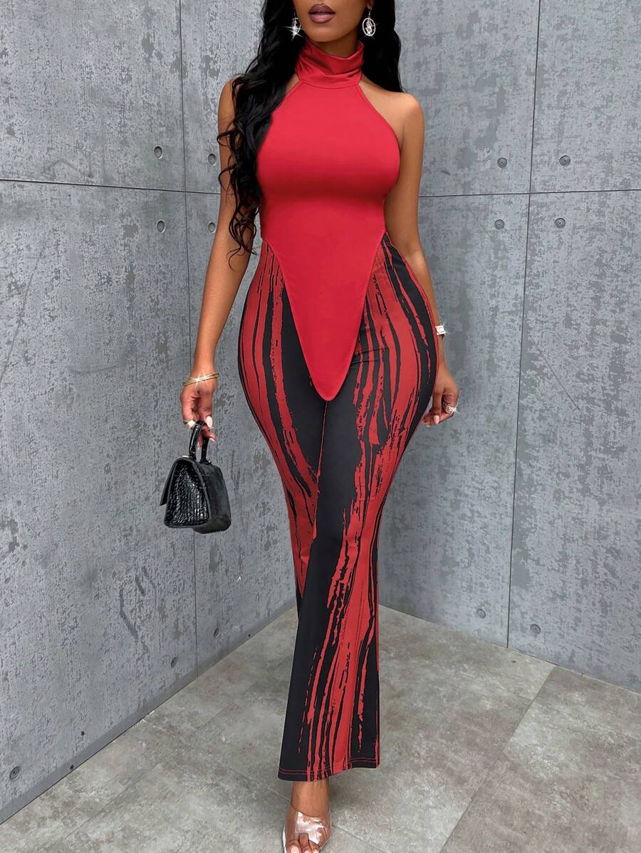 SHEIN Slayr Asymmetrical Hem Halter Top & Striped Flare Leg Pants - Red - View 1