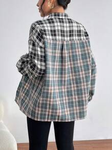 SHEIN Essnce Chemise À Carreaux Épaule tombante Poche À Rabat À Bouton - Multicolore - Voir 2