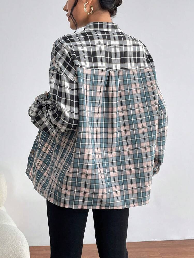 Plaid Print Drop Shoulder Flap Pocket Button Front Shirt