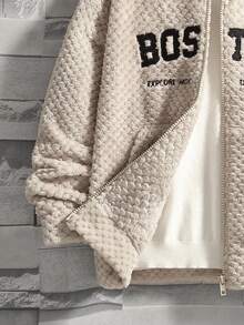 SHEIN 男大童字母刺繡落肩袖連帽夾克無衛衣 - 卡其色 - 查看 5