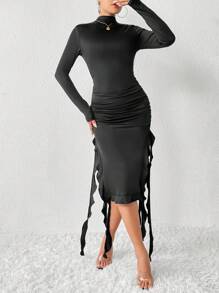 SHEIN Privé Cổ giả Xù Tách đùi Đầm - màu đen - Xem 6