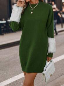 SHEIN LUNE Fuzzy Cổ tay áo Thả vai 	
Fuzzy Cổ tay áo Đầm Áo len - màu xanh lá - Xem 6