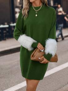 SHEIN LUNE Fuzzy Cổ tay áo Thả vai 	
Fuzzy Cổ tay áo Đầm Áo len - màu xanh lá - Xem 5