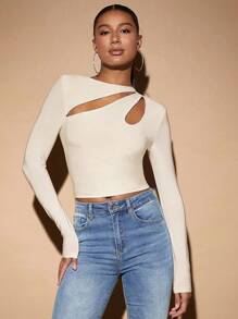 SHEIN BAE 正面剪裁短款T恤 - 杏色 - 查看 1