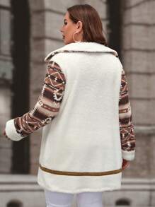 SHEIN LUNE Hơn In Địa lý Tương phản ràng buộc Áo khoác Teddy - Nhiều màu - Xem 2