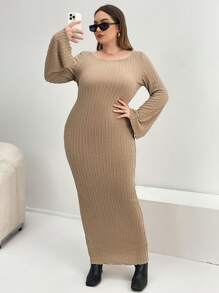 SHEIN Essnce 大碼素色喇叭袖緊身洋裝 - 卡其色 - 查看 5