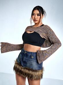 SHEIN ICON 大碼嬉皮士段染落肩袖超短版套頭毛衣不附胸罩 - 彩色 - 查看 6