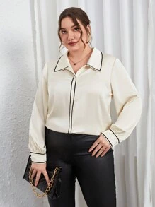 SHEIN Privé 大碼撞色滾邊襯衫 - 杏色 - 查看 4