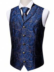 Men Plus Baroque Print Waistcoat - Blue - View 4