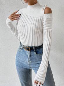 Chiquease Mock Neck Cut Out Shoulder Ribbed Knit Sweater - White - View 4