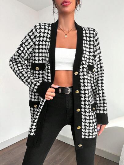 EURMUSE Women's Houndstooth Long Sleeve Metal Single-Breasted Casual Loose Knit Cardigan, Autumn/Winter