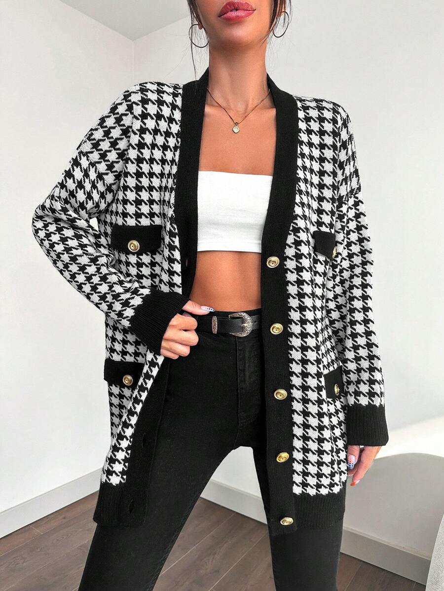 EURMUSE Women's Houndstooth Long Sleeve Metal Single-Breasted Casual Loose Knit Cardigan, Autumn/Winter - Black and White - View 1