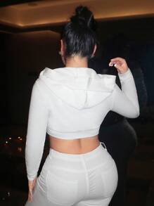 SHEIN SXY 纯色拉链短款连帽卫衣，毕业长袖上衣，返校服装，毕业典礼，女士教师服装，秋冬返校 - 白色 - 查看 2