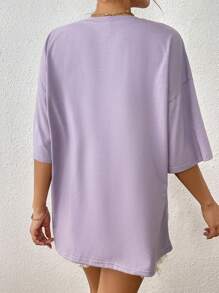 INAWLY 女士休闲宽松字母骷髅印花圆领落肩T恤 - 紫丁香色 - 查看 2