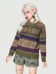 ROMWE Fairycore Geo Pattern Drop Shoulder Sweater - Multicolor - View 7