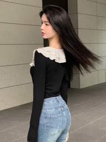 DAZY Blusa con volantes de contraste, ropa de otoño para mujer con manga larga