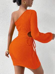 SHEIN Privé 單肩側抽繩緊身洋裝 - 橘色 - 查看 2