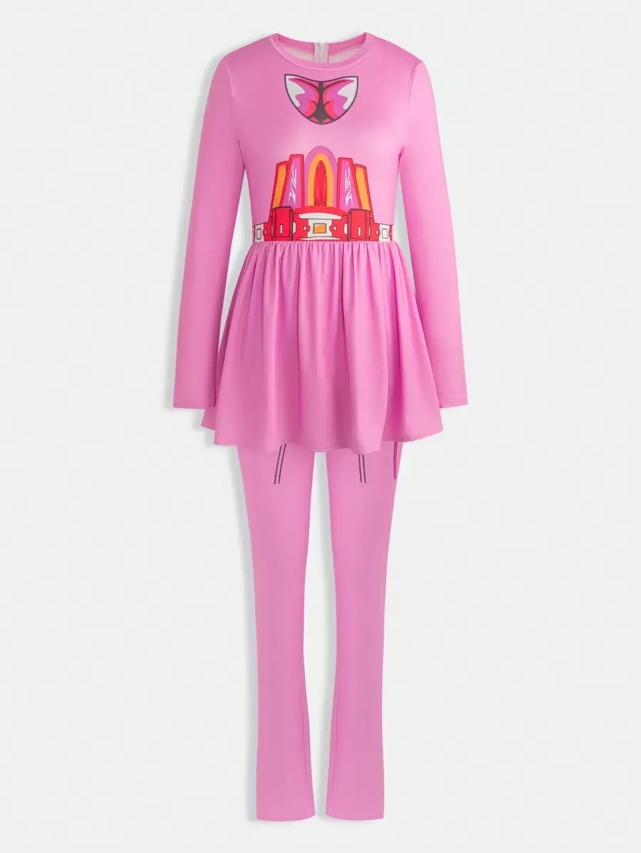 SHEIN Unity 圖案印花花邊腰連身褲 - 藕粉色 - 查看 1