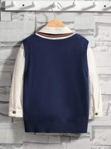 SHEIN 男大童條紋飾邊麻花編織加絨內裏毛衣背心無襯衫 - 藍色 - 查看 7