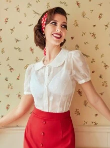 SHEIN DECDS 心提花泡泡袖襯衫 - 白色 - 查看 6