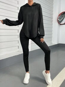 SHEIN Essnce Solid Drop Shoulder Hoodie & Leggings - Black - View 1
