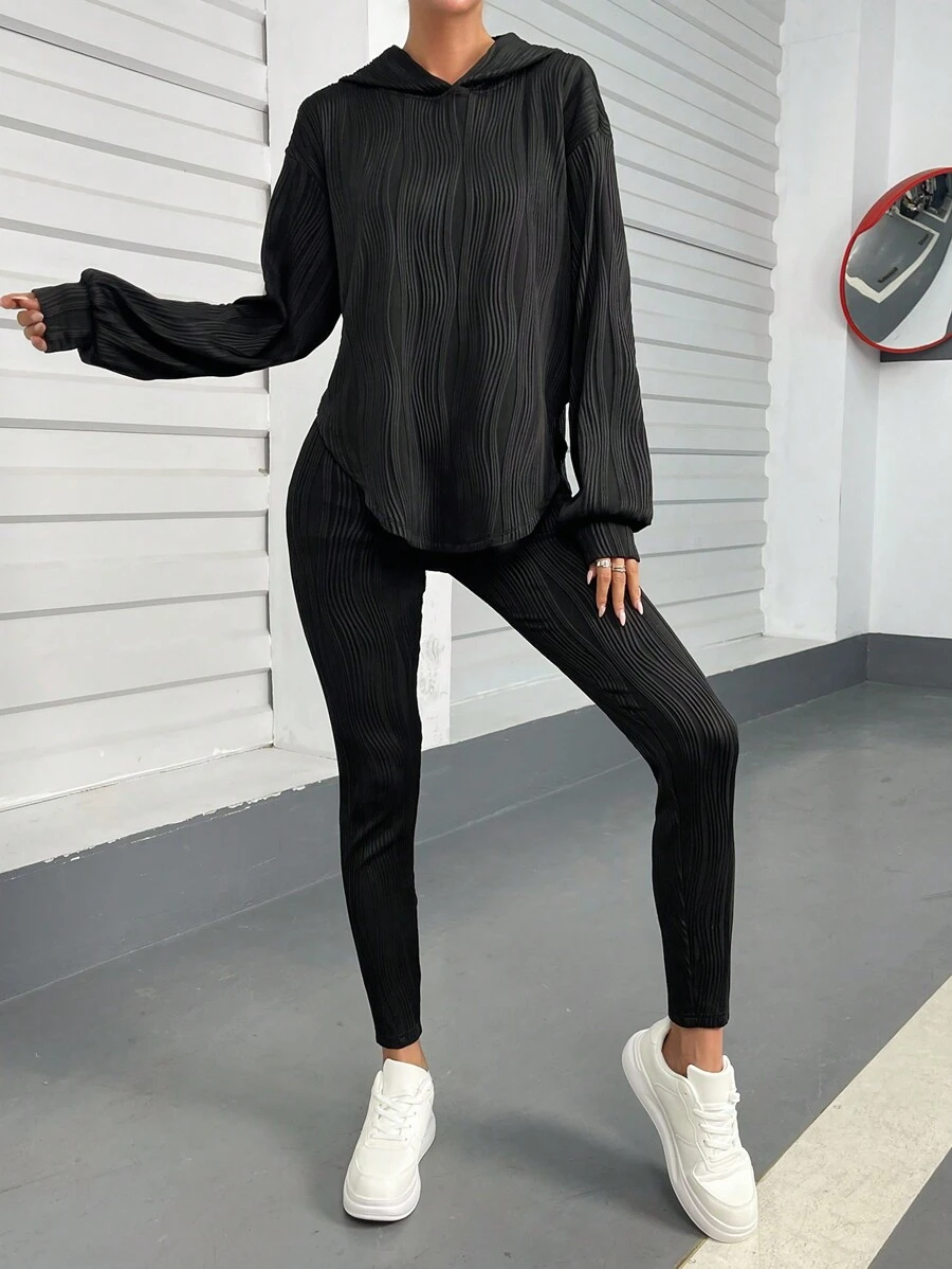 SHEIN Essnce Solid Drop Shoulder Hoodie & Leggings - Black - View 1