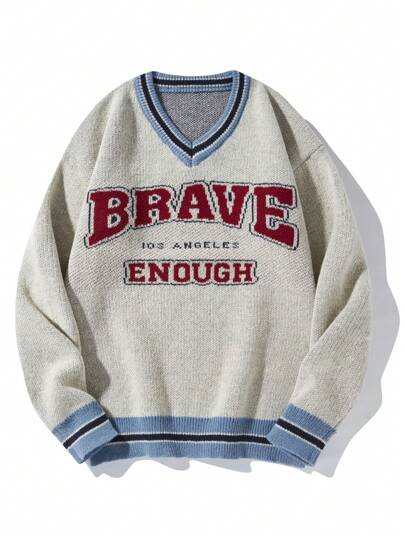 Chillumni 男士字母图案条纹饰边板球毛衣，落肩宽松V领长袖曲棍球球衣撞色毛衣，适合朋友返校季、秋冬季穿着