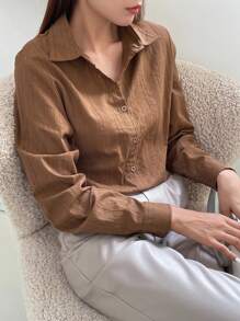 DAZY Women's Business Casual Solid Color Loose Fit Long Sleeve Blouse Fall Tops - Brown - View 7