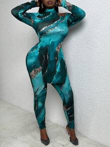 Slaydiva Hơn In Đá cẩm thạch Cổ không đối xứng Áo thun và Leggings - Xanh và trắng - Xem 5