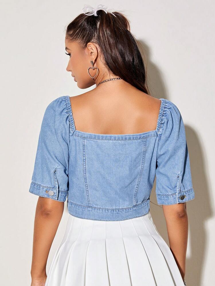 Flap Pocket Button Front Crop Denim Blouse