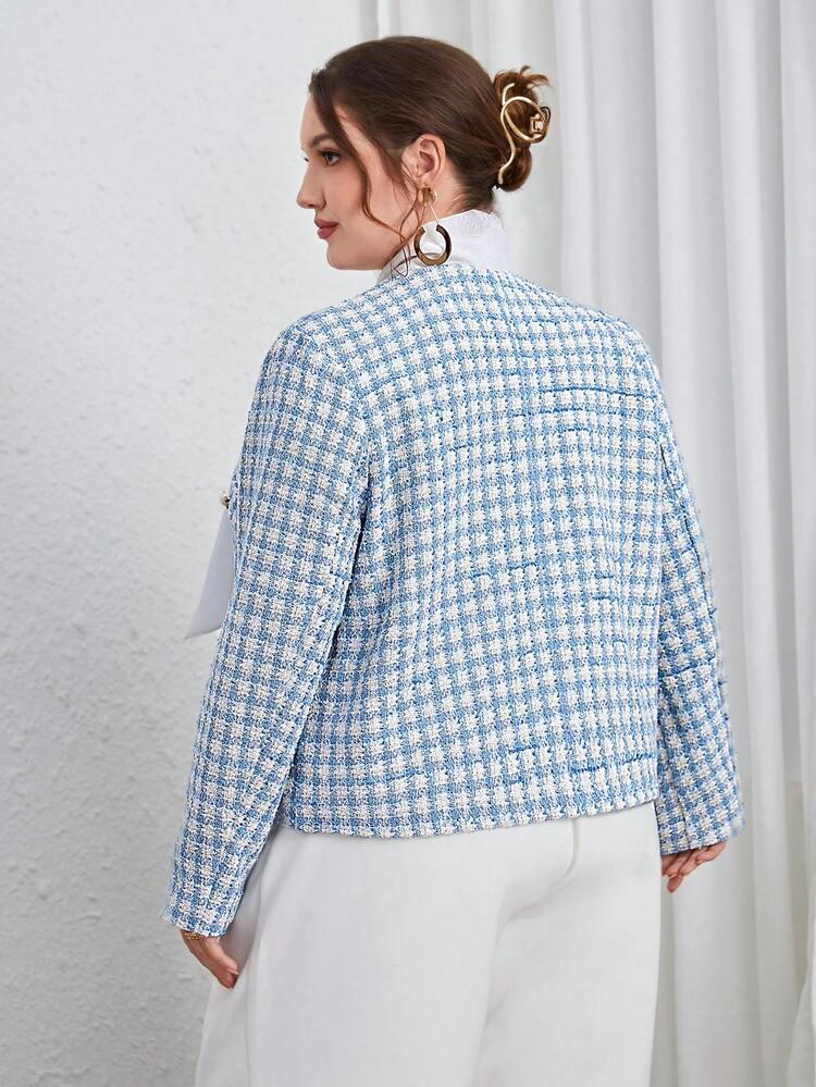 Plus Plaid Print Tie Neck Jacket