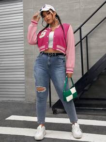 SHEIN EZwear Hơn Thư được vá Sọc trang trí Mùa vụ Áo khoác Đại học - Hồng - Xem 5