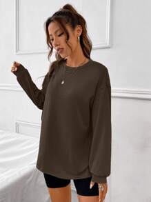 SHEIN EZwear 山和月亮印花落肩T恤 - 巧克力棕 - 查看 4