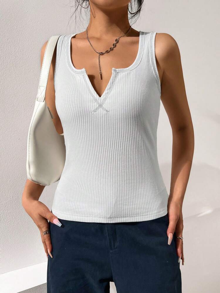 Notched Neck Ribbed Knit Tank Top