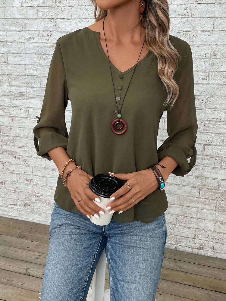 Notched Neckline Button Detail Blouse
