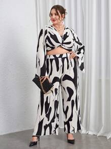 SHEIN Privé Plus Allover Print Twist Front Crop Top & Wide Leg Pants