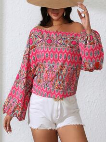 SHEIN VCAY Talla grande Blusa con estampado floral de hombros descubiertos de manga farol - Multicolor - Ver 2