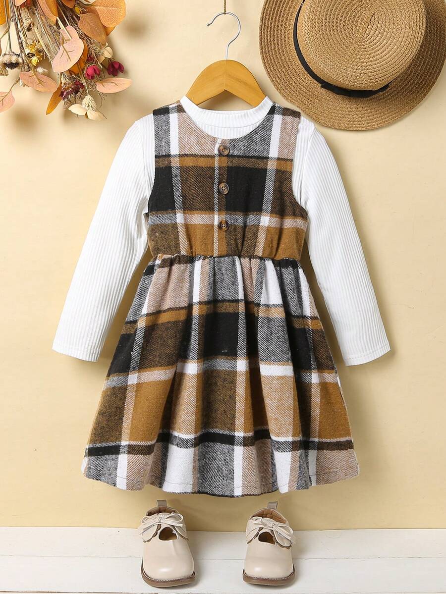 SHEIN Young Girl Plaid Print Dress & Tee - Khaki - View 1