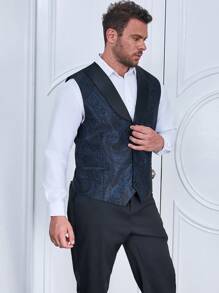 Manfinity AFTRDRK 男士大码佩斯利印花青果領馬甲 - 藍色 - 查看 4