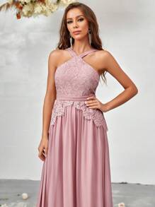 SHEIN Belle Contrast Lace Halter Neck Chiffon Bridesmaid Dress - Dusty Pink - View 7